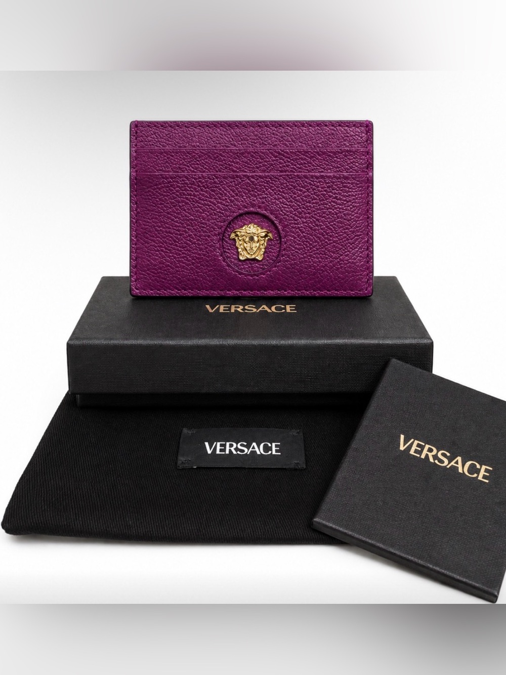 Versace La Medusa Leather Card Holder – Deep Purple/Gold